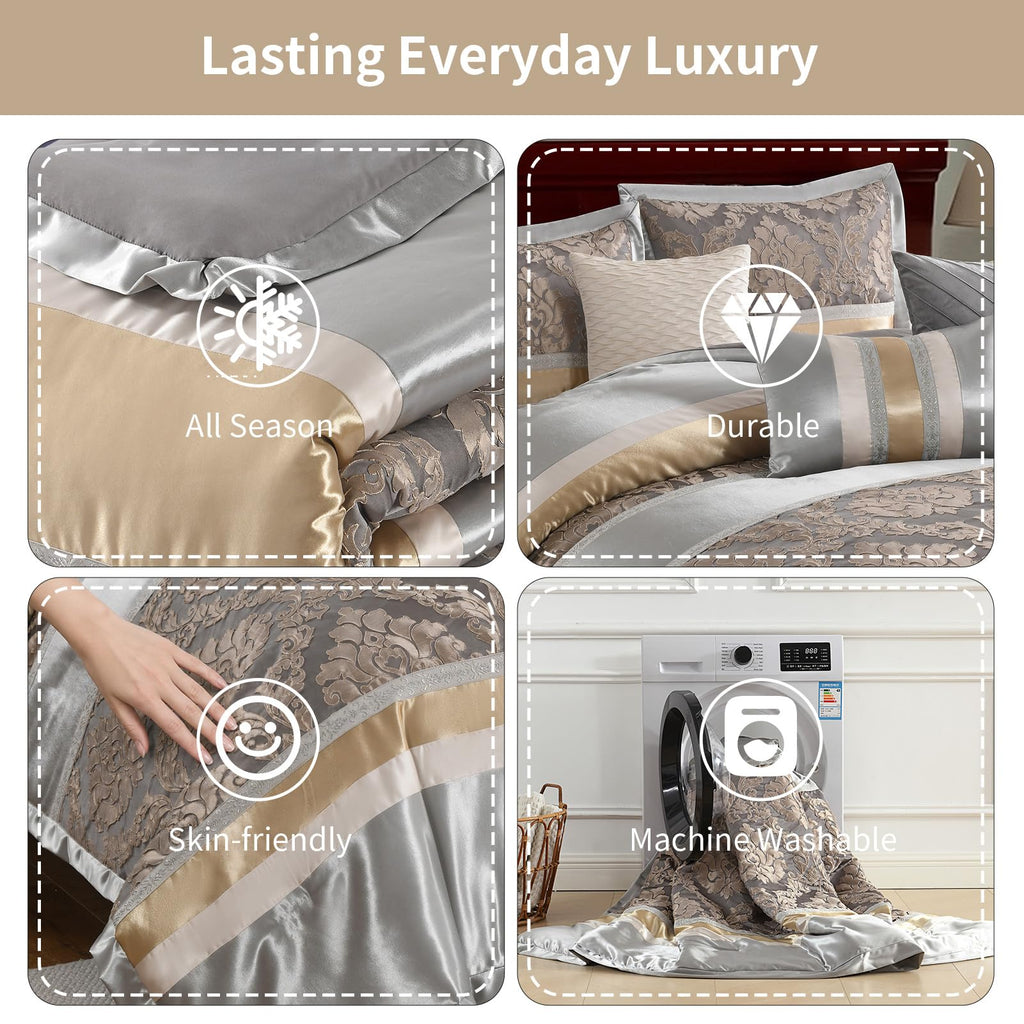 Luxury Comforter Set, Silver Gray Champagne Gold
