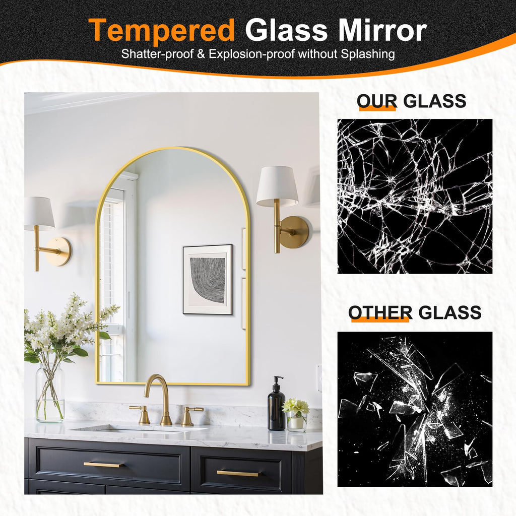 Arched Bathroom Mirror, 24"x36", Gold