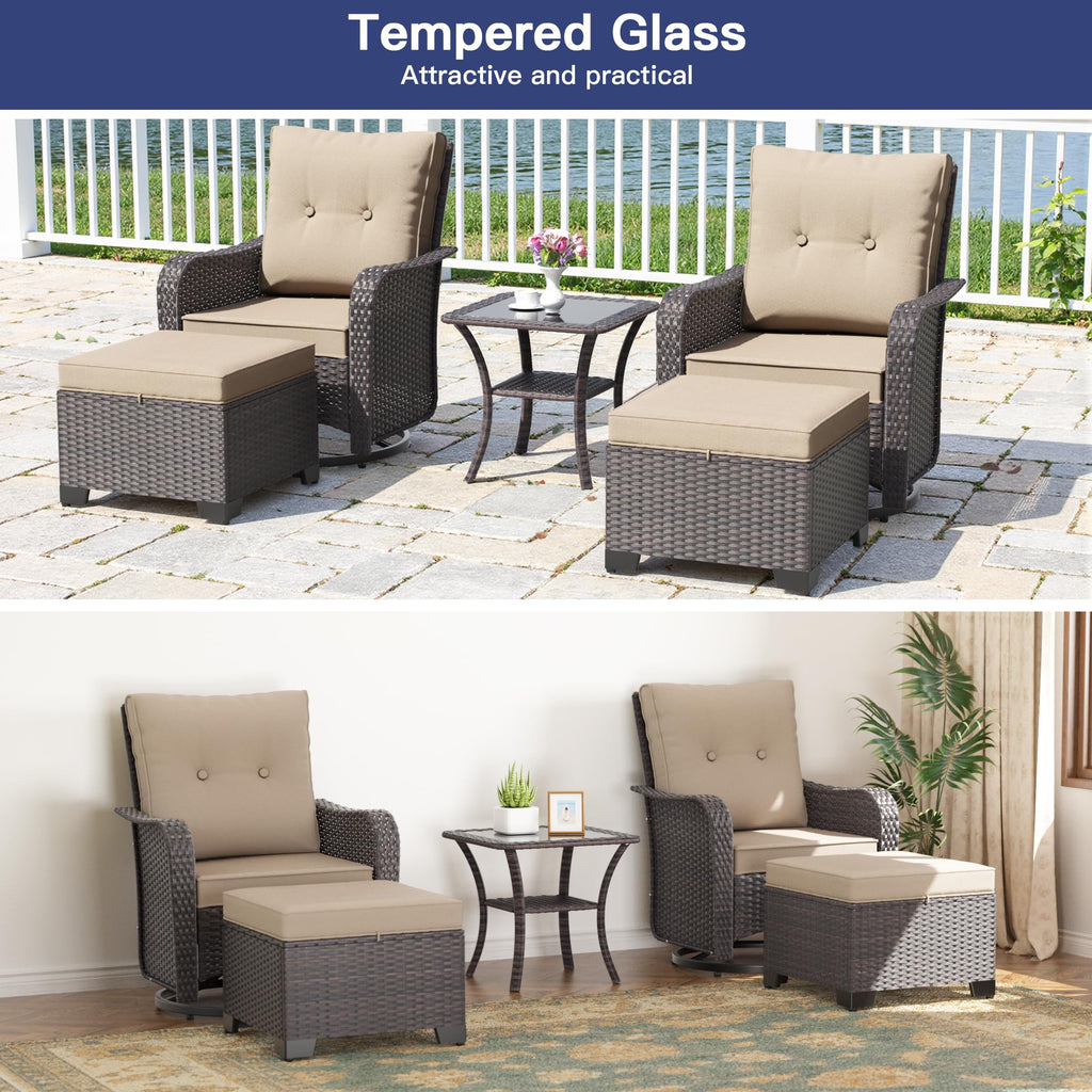 5-Piece Outdoor Swivel Rocking Chair Set with 4" Thick Cushions and High Back, Wicker Patio Chairs with Side Table &