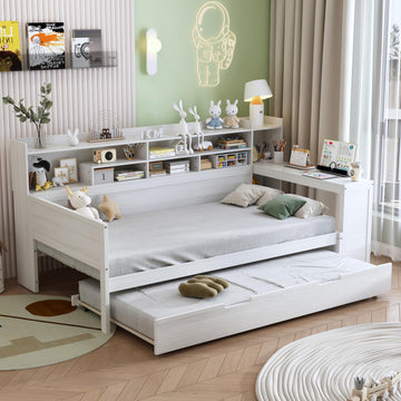 Twin Size Daybed with Trundle, Wooden Multi-Functional Bed with Storage Shelves and Study Desk, White