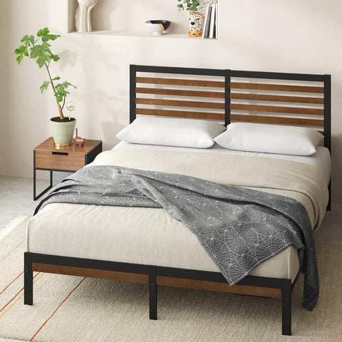 Kai Bamboo and Metal Platform Bed Frame with Headboard, No Box Spring Needed, Easy Assembly, Queen, Brown