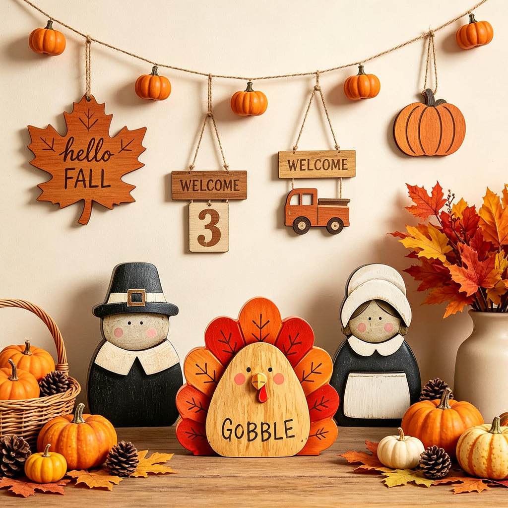 3 Pcs Thanksgiving Decor Fall Pilgrim Turkey Wooden Table Decorations, Thanksgiving Decorations Indoor, Pilgrim Decor