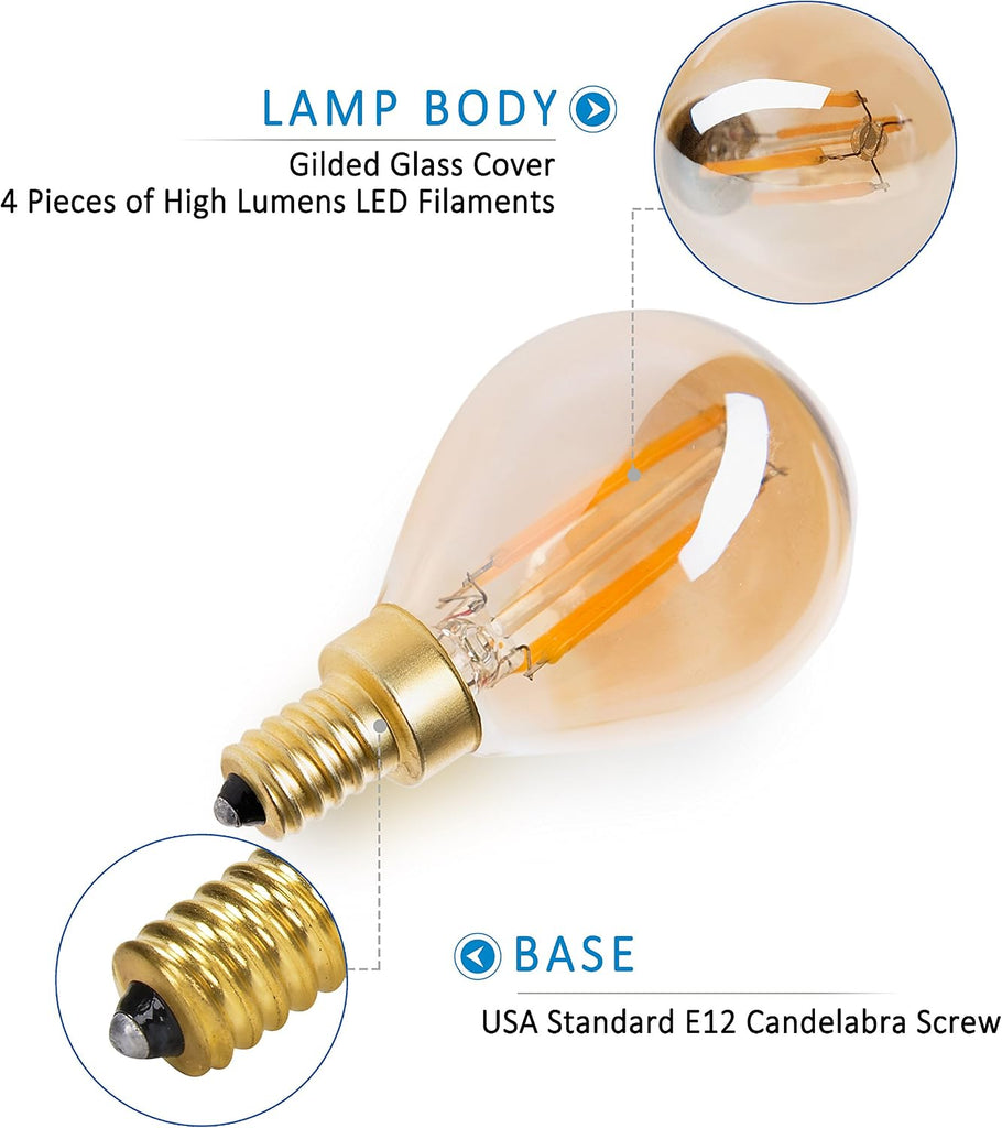 4W Vintage Edison LED Filament Candelabra Light Bulb, Dimmable, 2200K Ultra Warm White, E12 Base, G45/G14 Amber Glass