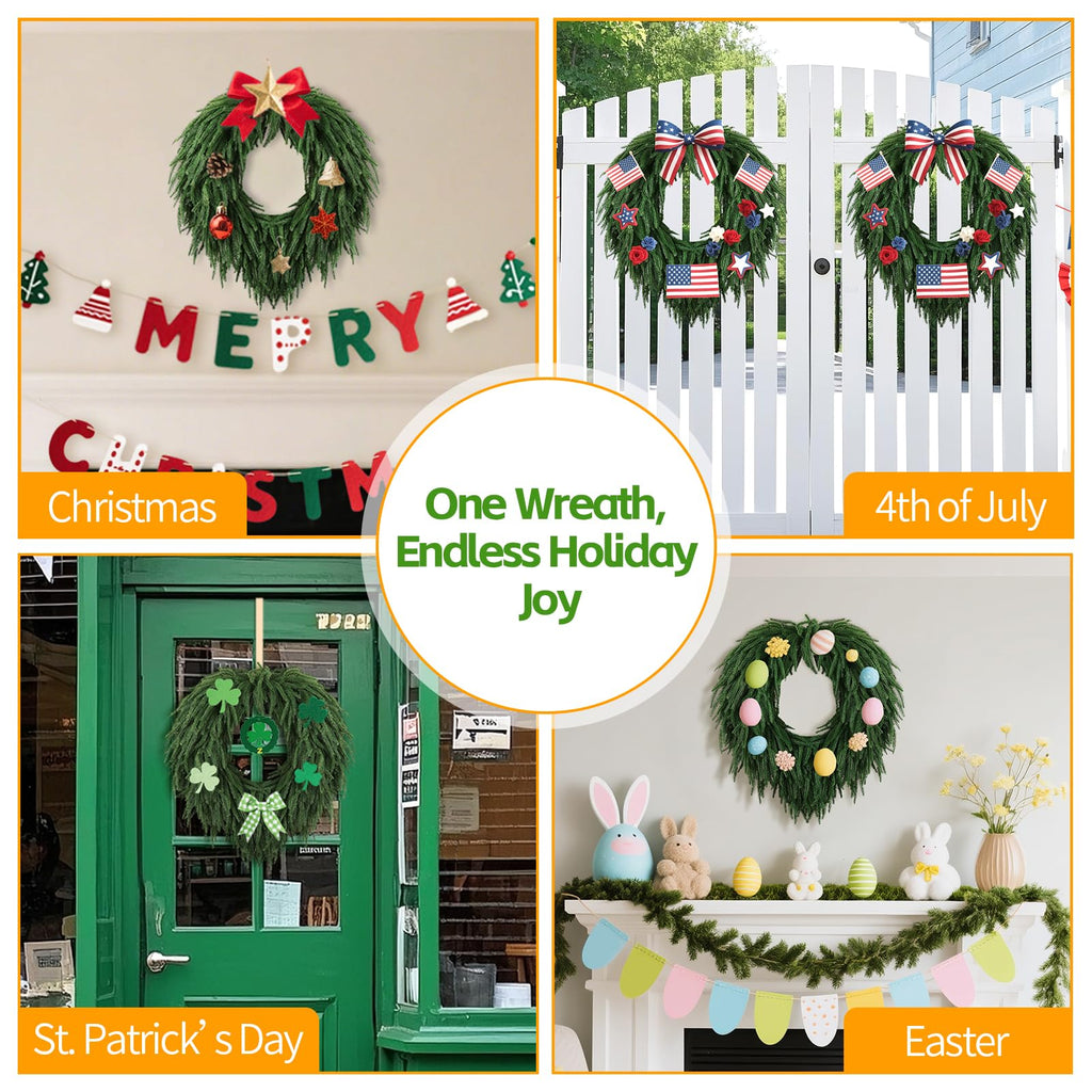 24" Norfolk Pine Christmas Wreath for Front Door - Large Artificial Greenery Wreath for Wall, Porch, or Indoor