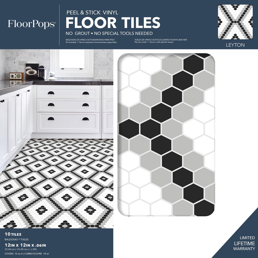 Leyton Peel and Stick Floor Tiles, Black, Geometric Vinyl Floor Tiles, Water Resistant, 12 in x 12 in, Pack of 10