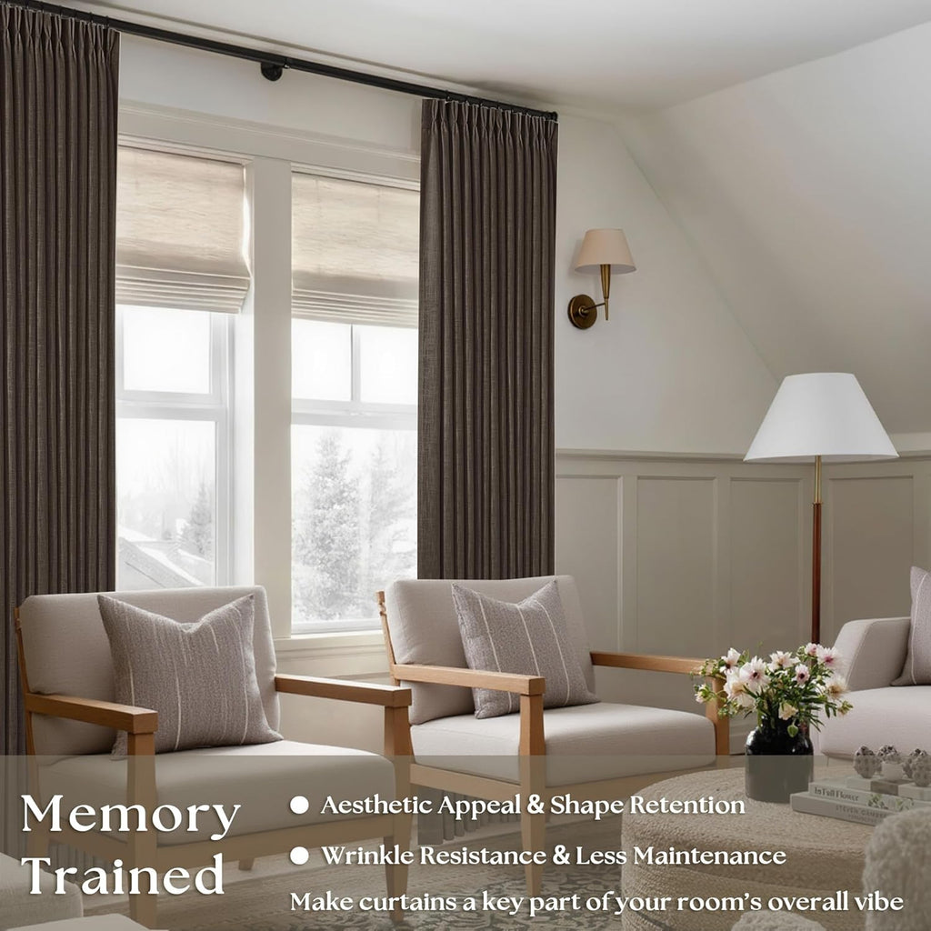 Dark Chocolate Pinch Pleated Linen Curtains 2 Panels for Living Room Bedroom Memory Training Shaped Semi Sheer Pleat