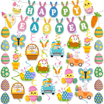 Easter Decorations Easter Garland Happy Easter Banner Easter Decorations Indoor with Egg Bunny Hanging Swirl - Set of 53