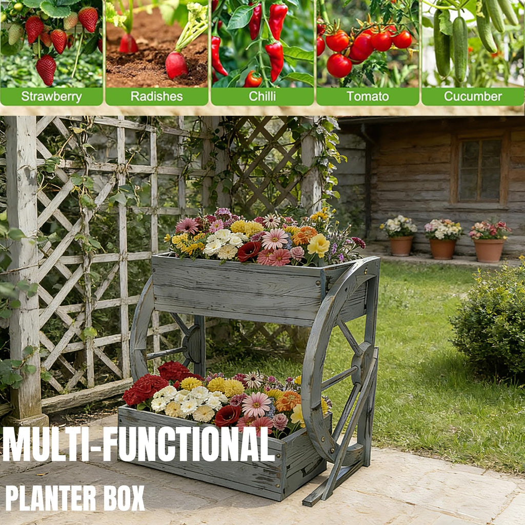 Wooden Wagon Planter Box|Rustic Planter Use On Indoor&Outdoor