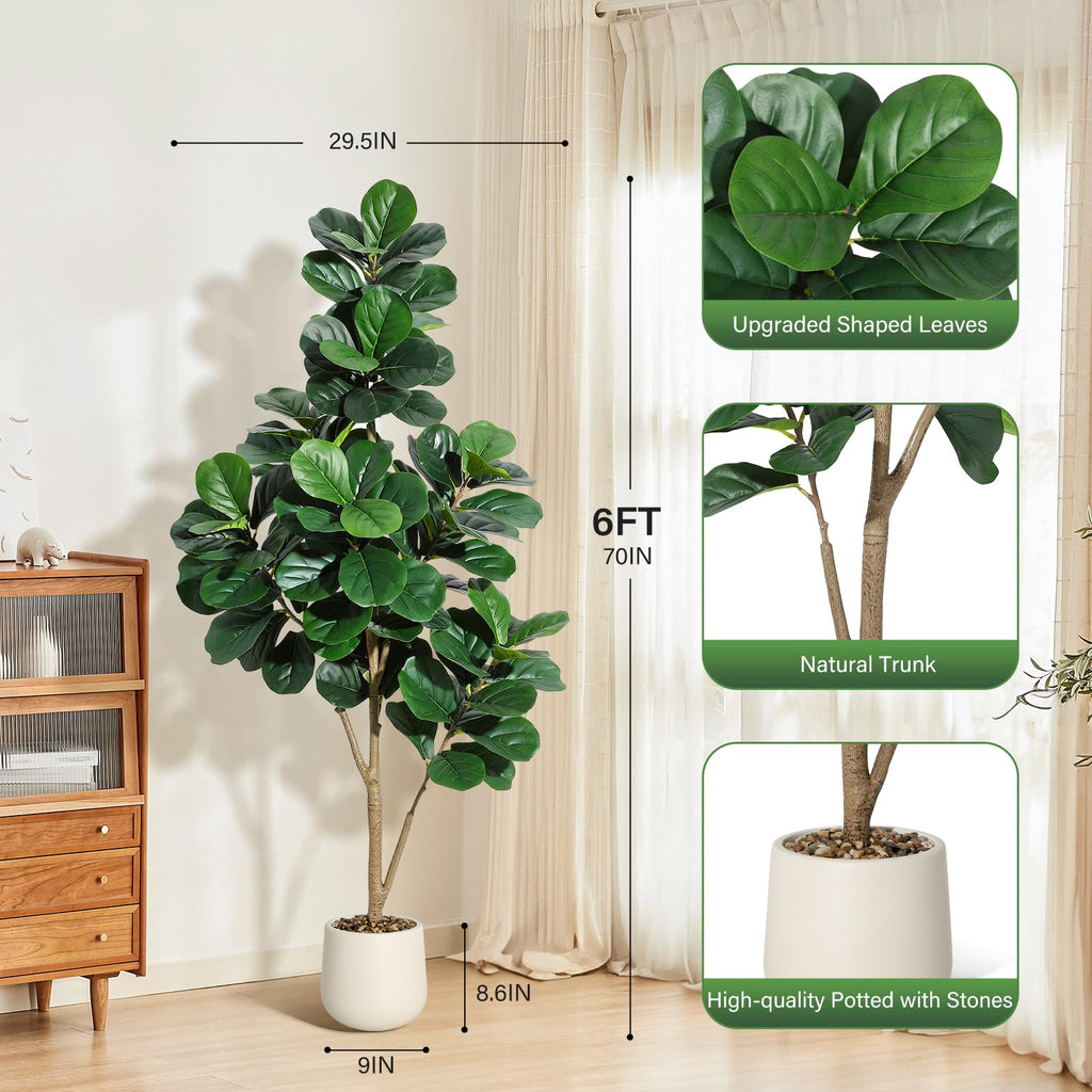6 ft Fiddle Leaf Fig Tree Artificial with 108 Leaves - Realistic Faux Ficus Lyrata Trees in 9 in White Planter Pot