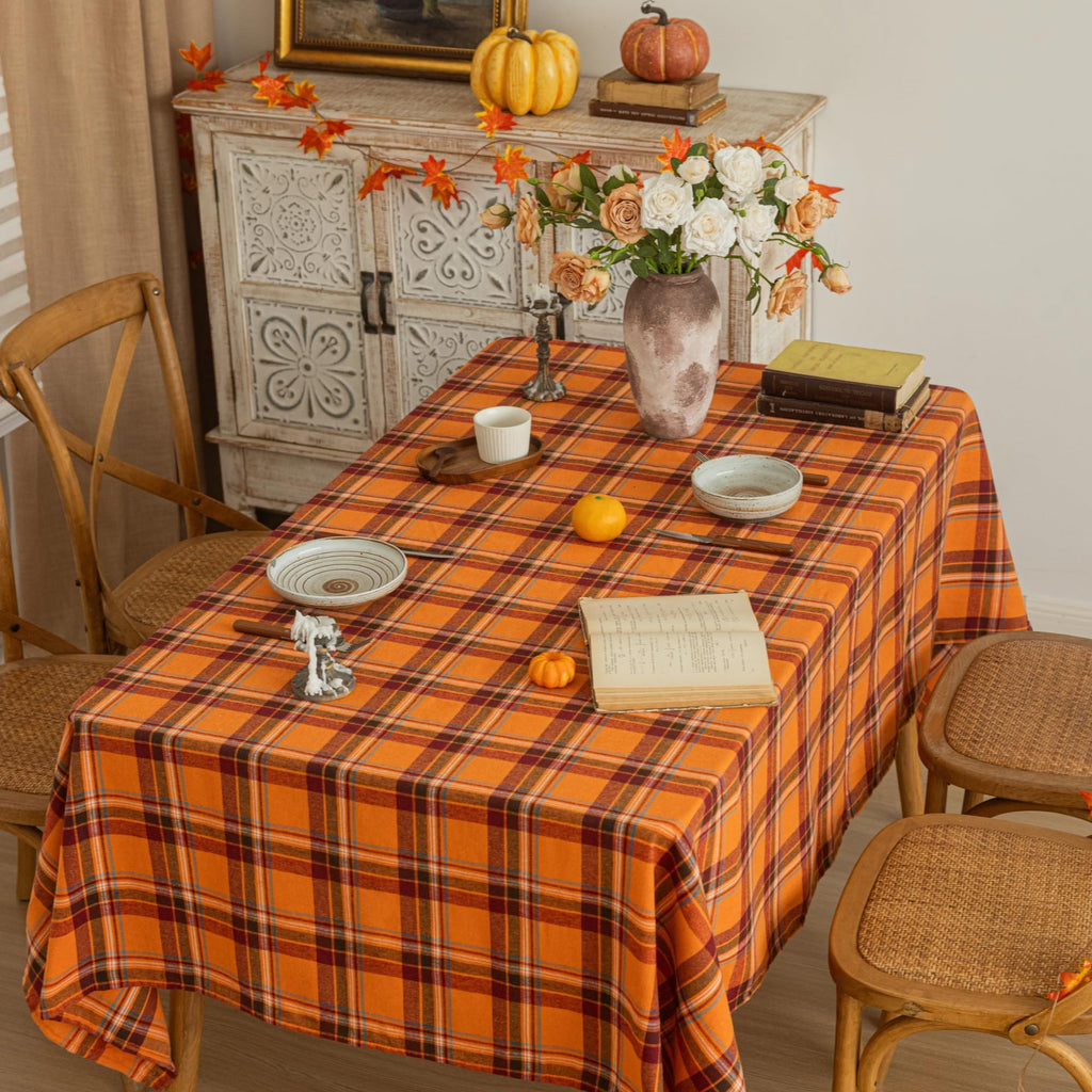 Plaid Fall Tablecloth Thanksgiving Rectangle 60x104 Inch Orange Red