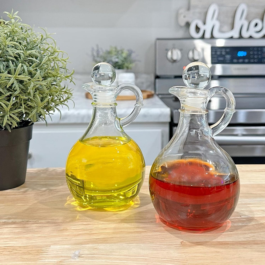 Glass Oil and Vinegar Cruets (); 8oz Round Oil Dispensers/Salad Dressing Bottles with Stoppers - Set of 2
