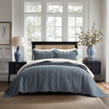 100% Cotton Scallop Quilt Set, Stormy Blue