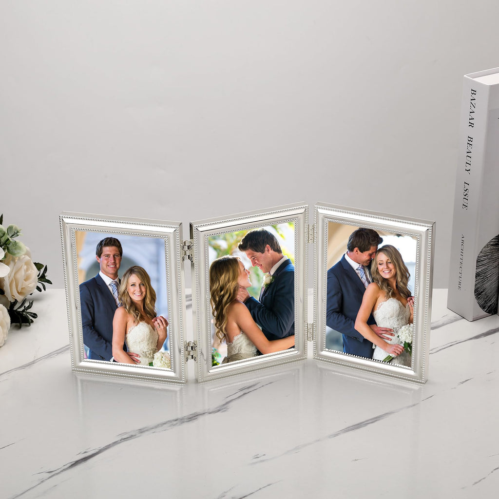 Elegant Silver Plated 5x7'' Hinged Triple Metal Picture Frame, 3-5x7'' Mutli College Frames with Classic Beaded