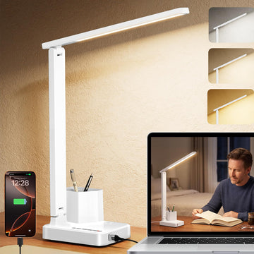 LED Desk Lamp USB A/C AC Pen Holder Dorm Home Office Desk Light White