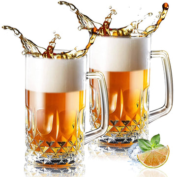 32 Ounces Beer Stein Mugs - 2 Pack Extra Large German Style Clear Tall Beer Glasses for Men - Heavy Duty Thick Glass