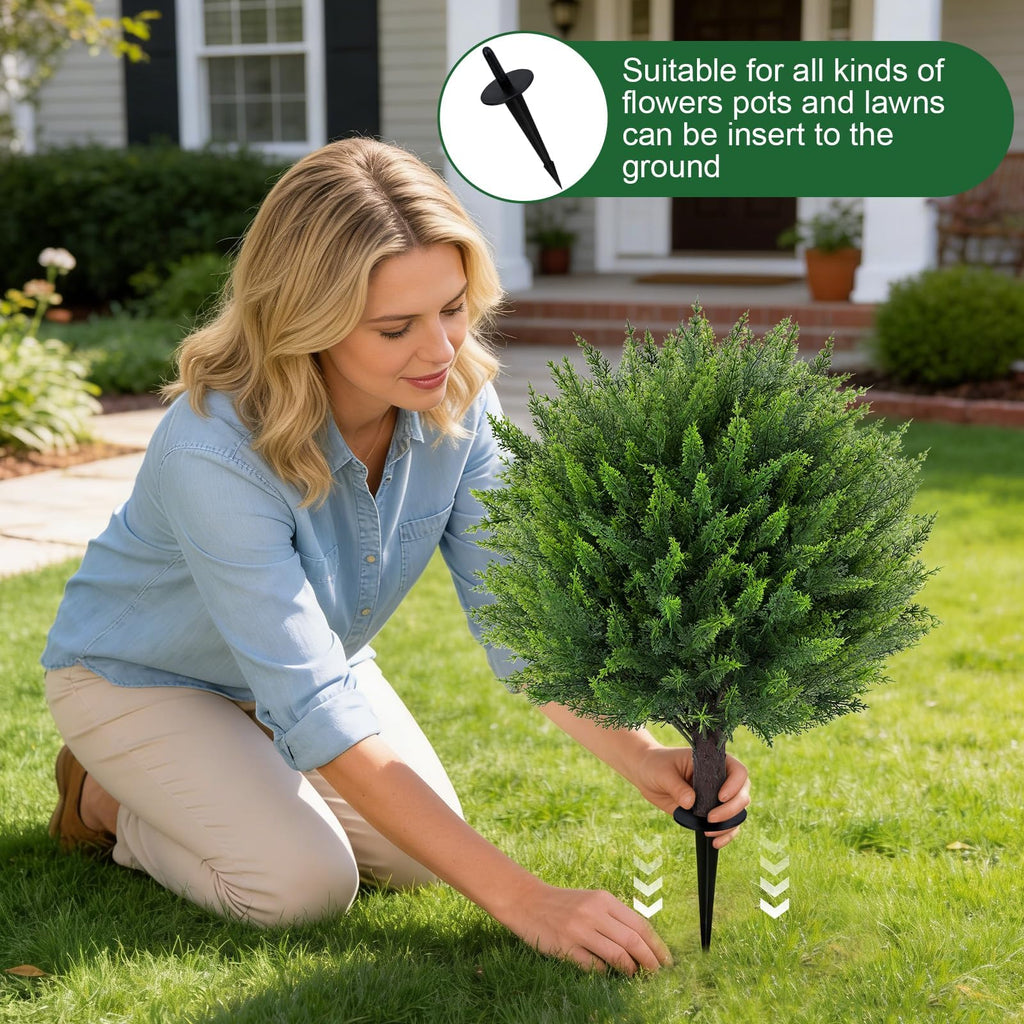 23" Artificial Cedar Topiary Ball Trees Set of 2 with Ground Spikes