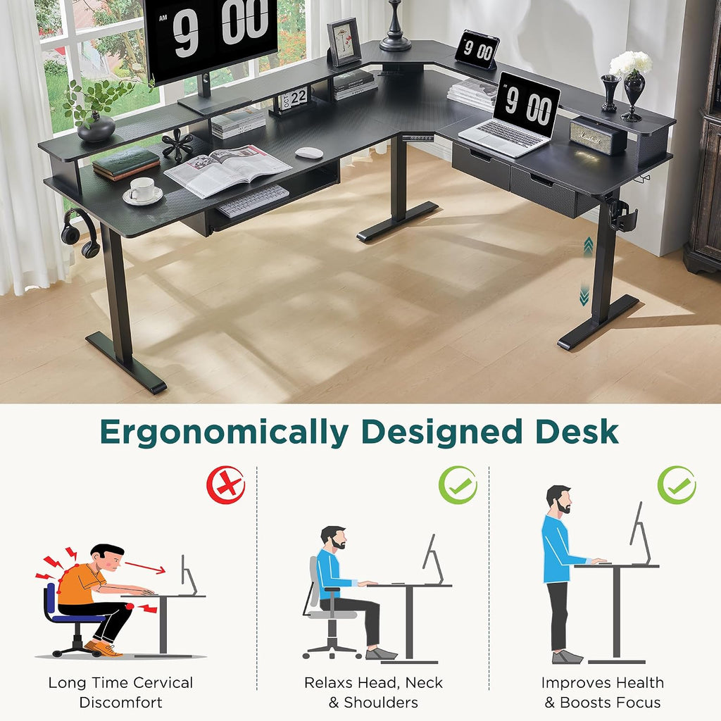 75x60 Inches L Shaped Electric Standing Desk, Carbon Fiber Black | Height Adjustable Corner Gaming Desk with Drawer