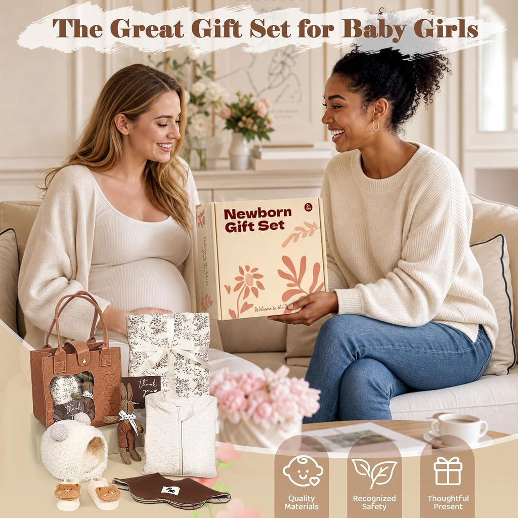 Baby Gifts for Baby Shower, 9pcs Newborn Essential for Boys Girls 0-6 Months with Footed Romper/Muslin Swaddle