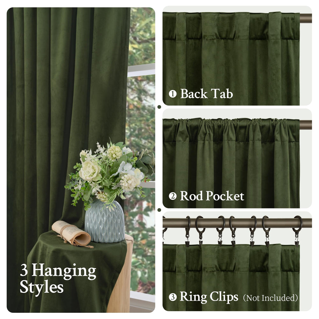 Olive Green Velvet Curtains 84 Inch Length, 2 Panels