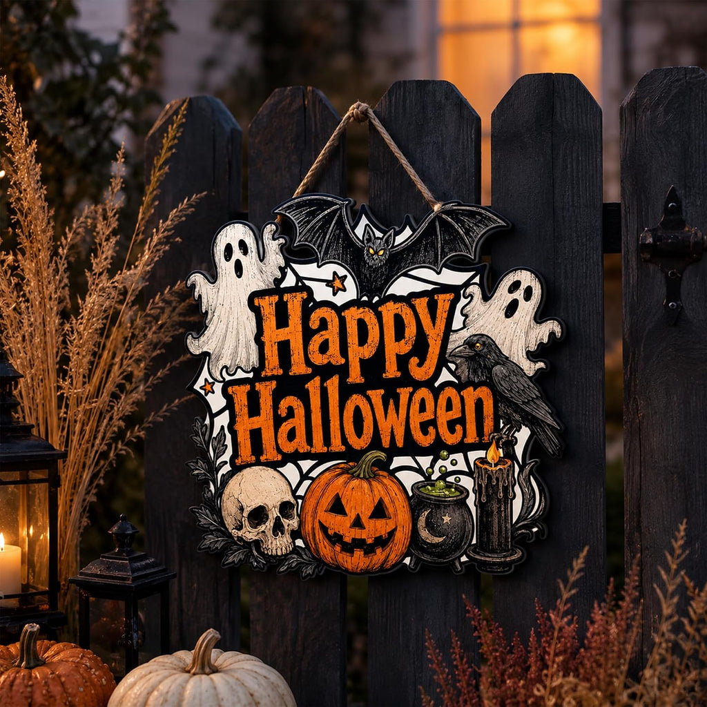 Halloween Door Decoration Sign, Halloween Pumpkin Bat Witch Wreath Front Door Hanger, Spooky Wooden Sign Outdoor