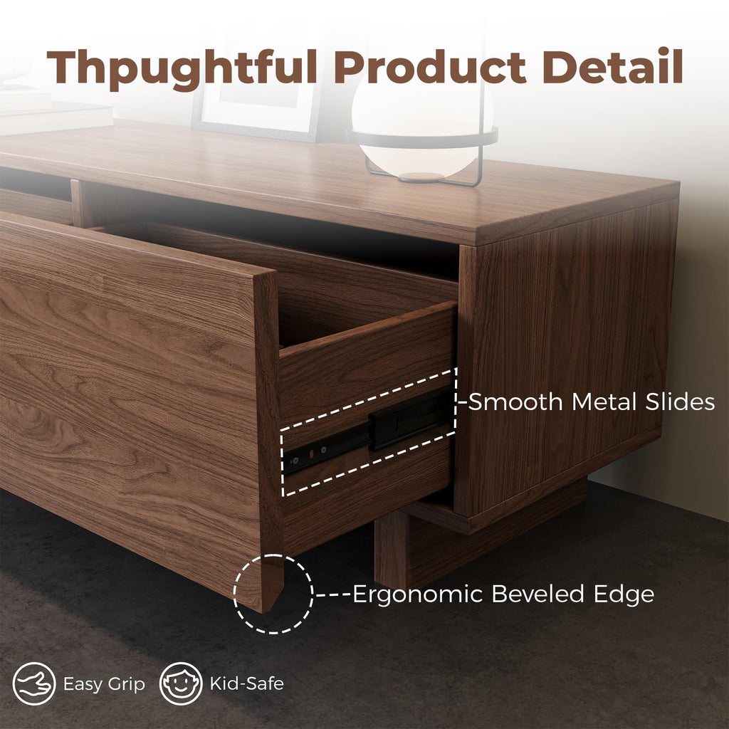 Extendable TV Stand for 65-100 Inches TVs - Walnut Entertainment Console with 3 Drawers & 1 Storage Compartment