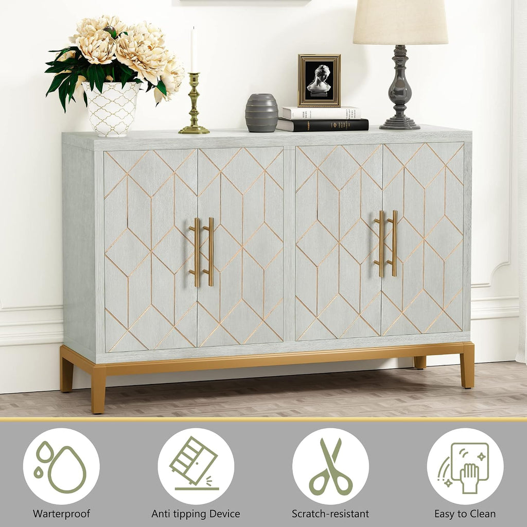 48" Accent Cabinet with 4 Doors and Shelves, Modern Credenza Storage Cabinet with Gold Trim, Green Buffet Cabinet
