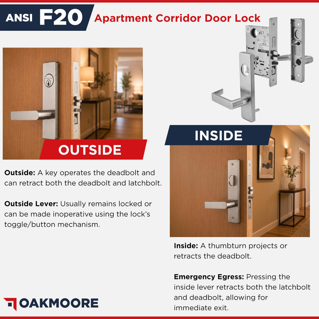Grade 1 Commercial Mortise Lock Set, F20 Apartment Corridor Function, Escutcheon Panel Trim, Satin Stainless Steel