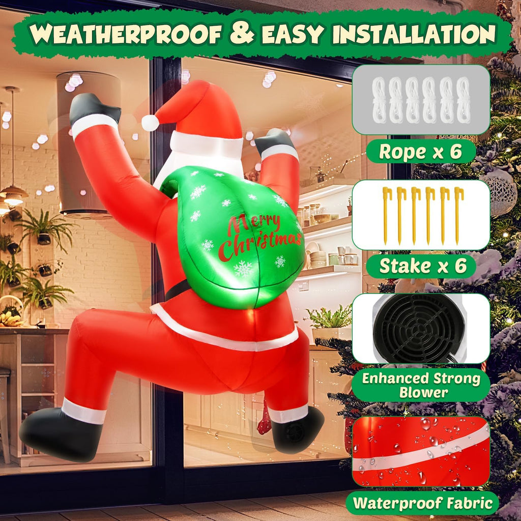 6FT Christmas Inflatable Decorations Hanging Santa Built-in Bright LEDs, Climbing Santa Claus with Gift Bag Christmas