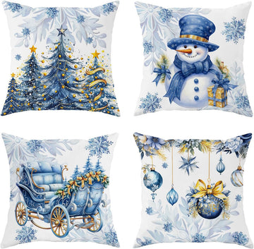 Christmas Pillow Covers,Blue Snowman Pillow Case Christmas Decorative Stuff Winter Decorations Couch Cushion - Set of 4