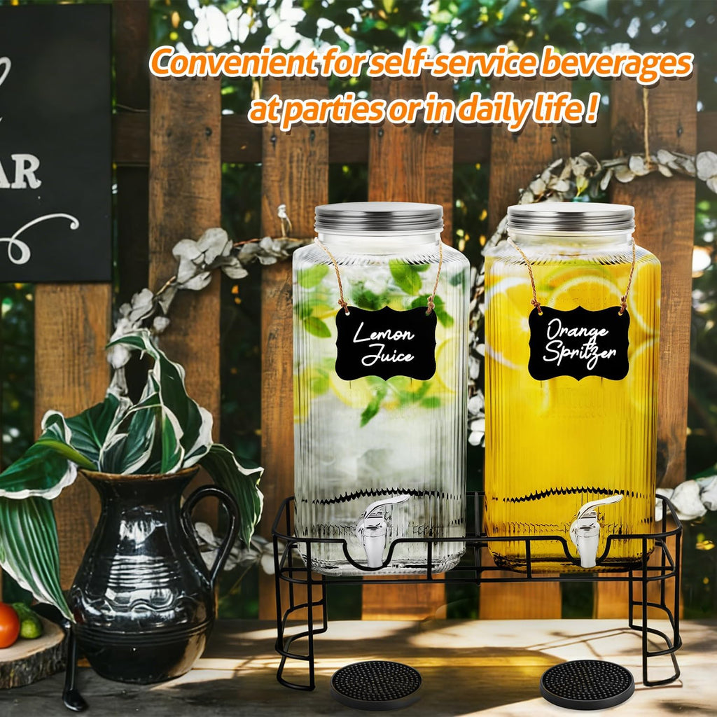 Gallon Glass Drink Dispenser with Stand Spigot Drink Coasters and Filter Leakproof Water Jar Clear Iced - Set of 2