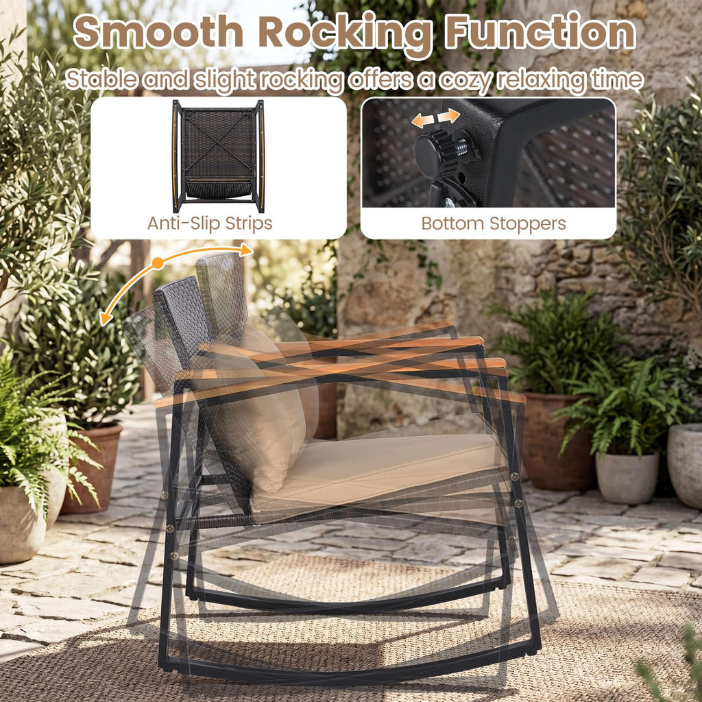 3-Piece Outdoor Rocking Chair Set, Beige Cushion & Natural Armrest
