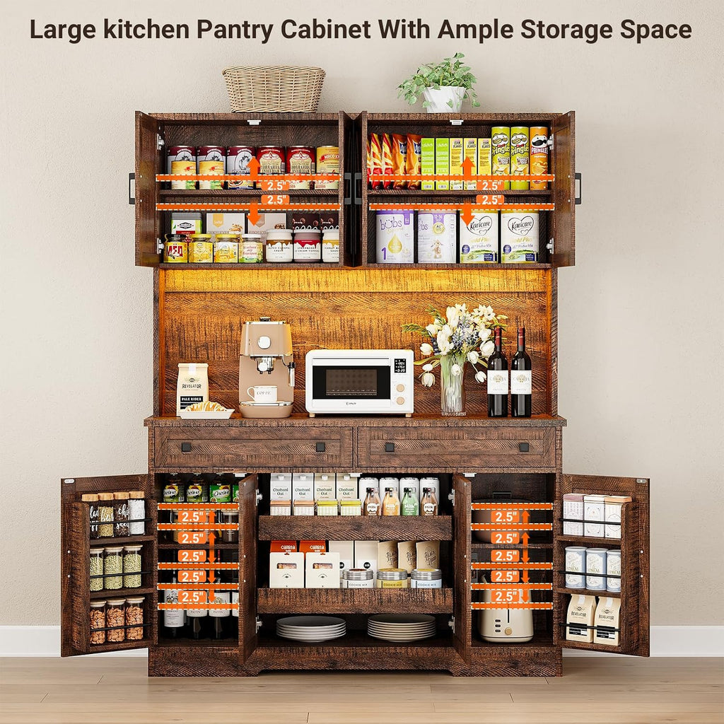 71'' Pantry Cabinet, Kitchen Hutch with Storage, LED & Power, Brown | 2 AC Outlets, 2 USB Ports, 6 Door Shelves, 2