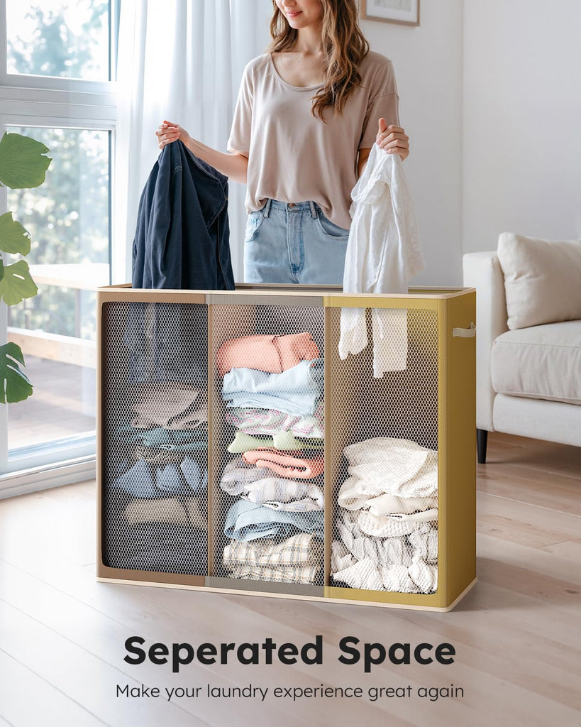 180L 3-Section Laundry Hamper with Lid, Extra Large Dirty Clothes Basket with Sturdy Handles for Laundry Room &