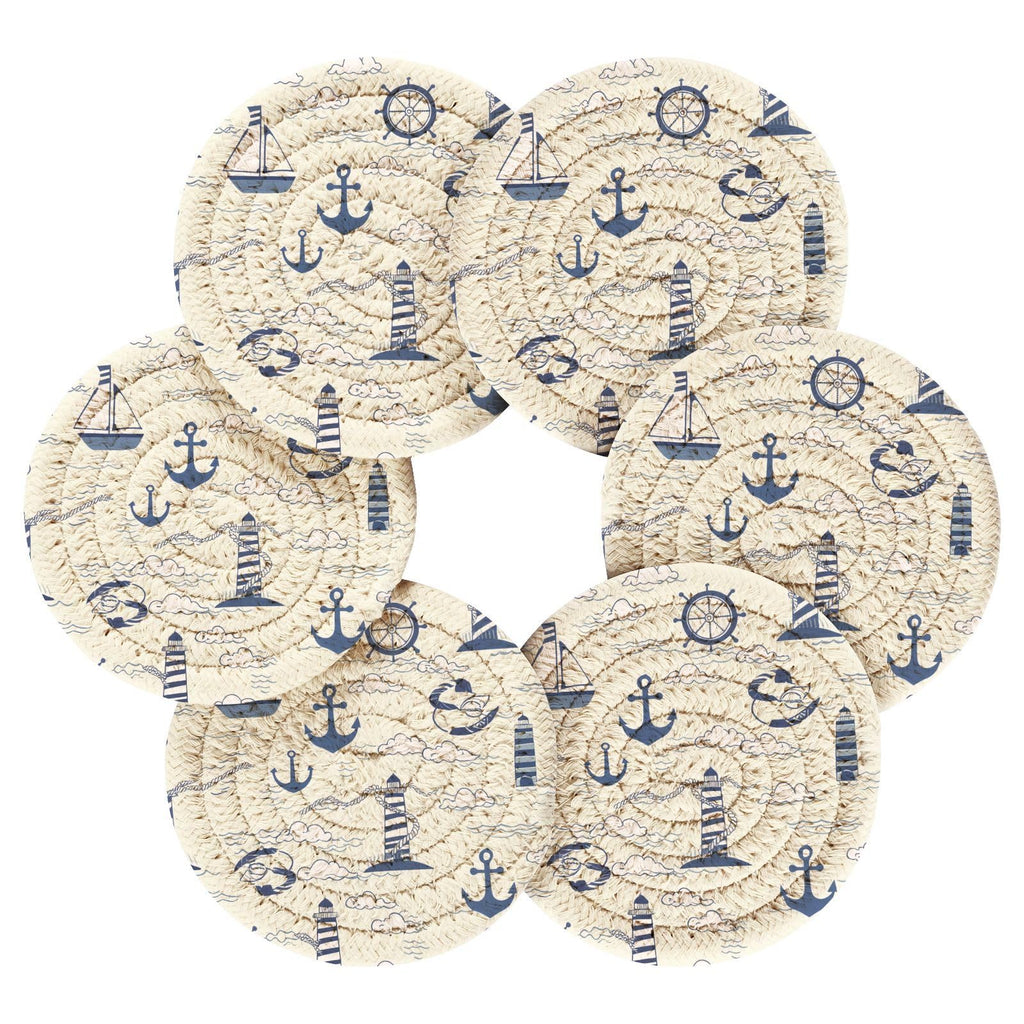 Nautical Lighthouses Drink Coasters Set - 6 Pcs Minimalist Woven Coasters with Holder Decor, 3.94 Inch Absorbent