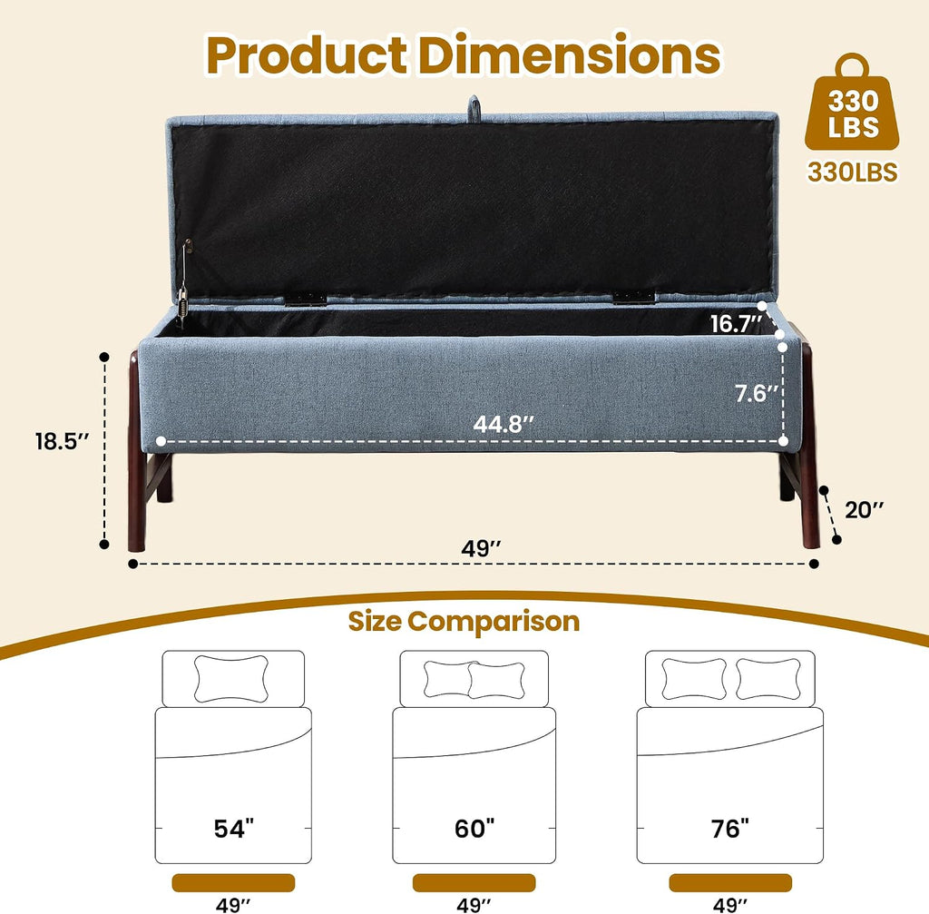 48" Storage Bench, End of Bed Bench with Button-Tufted, Upholstered Storage Ottoman Bench with Wooden Legs, Fabric