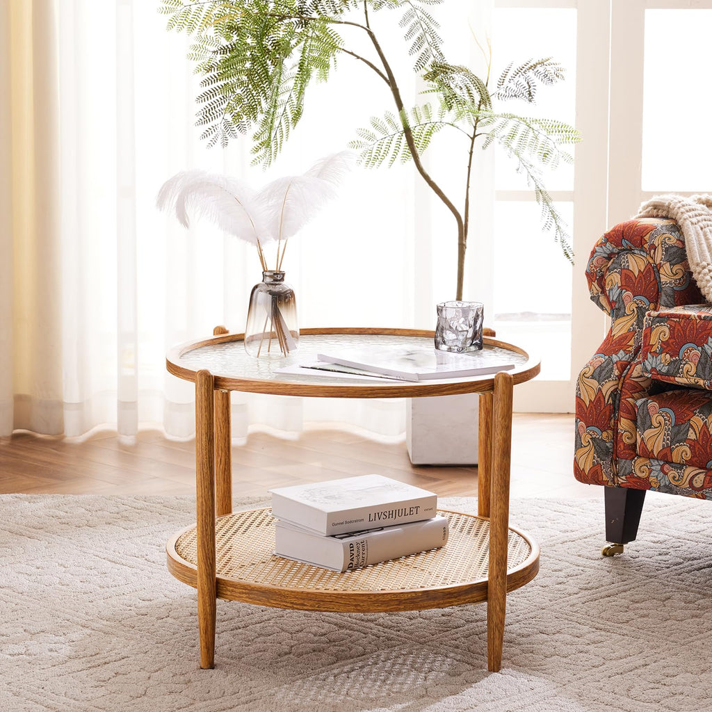 25.6" Round Glass Coffee Table, Rattan Coffee Table, Natural Vibe