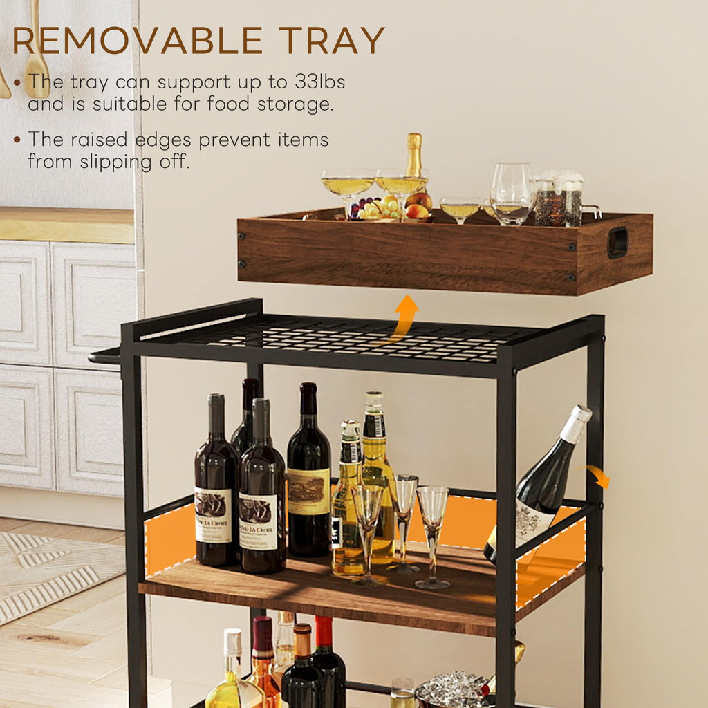 3 Tier Kitchen Cart, Rolling Bar Cart, Walnut