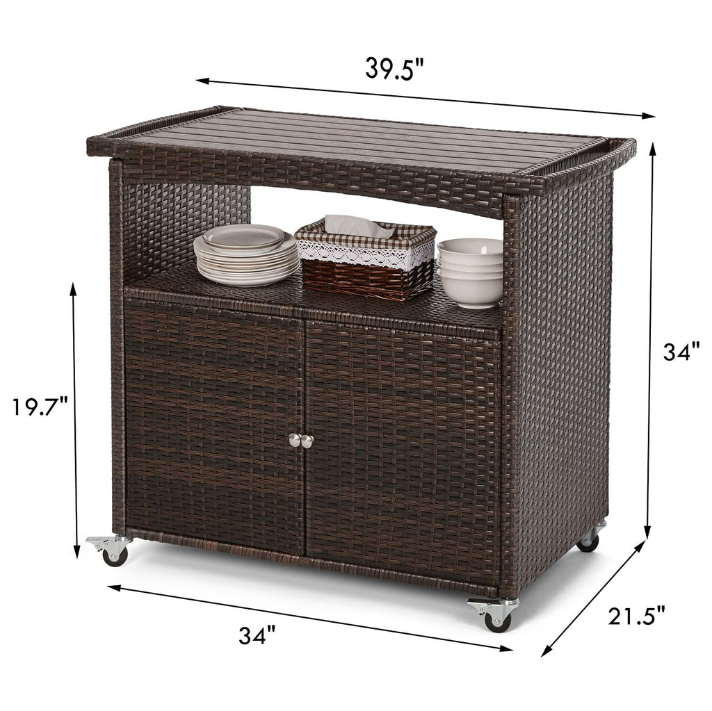 Outdoor Bar Cart with Storage Cabinet Patio Wicker Sideboard Buffet Cabinet Prep Table Outside Kitchen Serving Cart