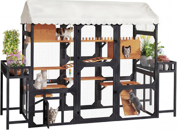107" Large Outdoor Cat Enclosure with Plant Stands, Wooden Cat Patio with Ramps, Bridge, Outdoor Cat House, Sleeping