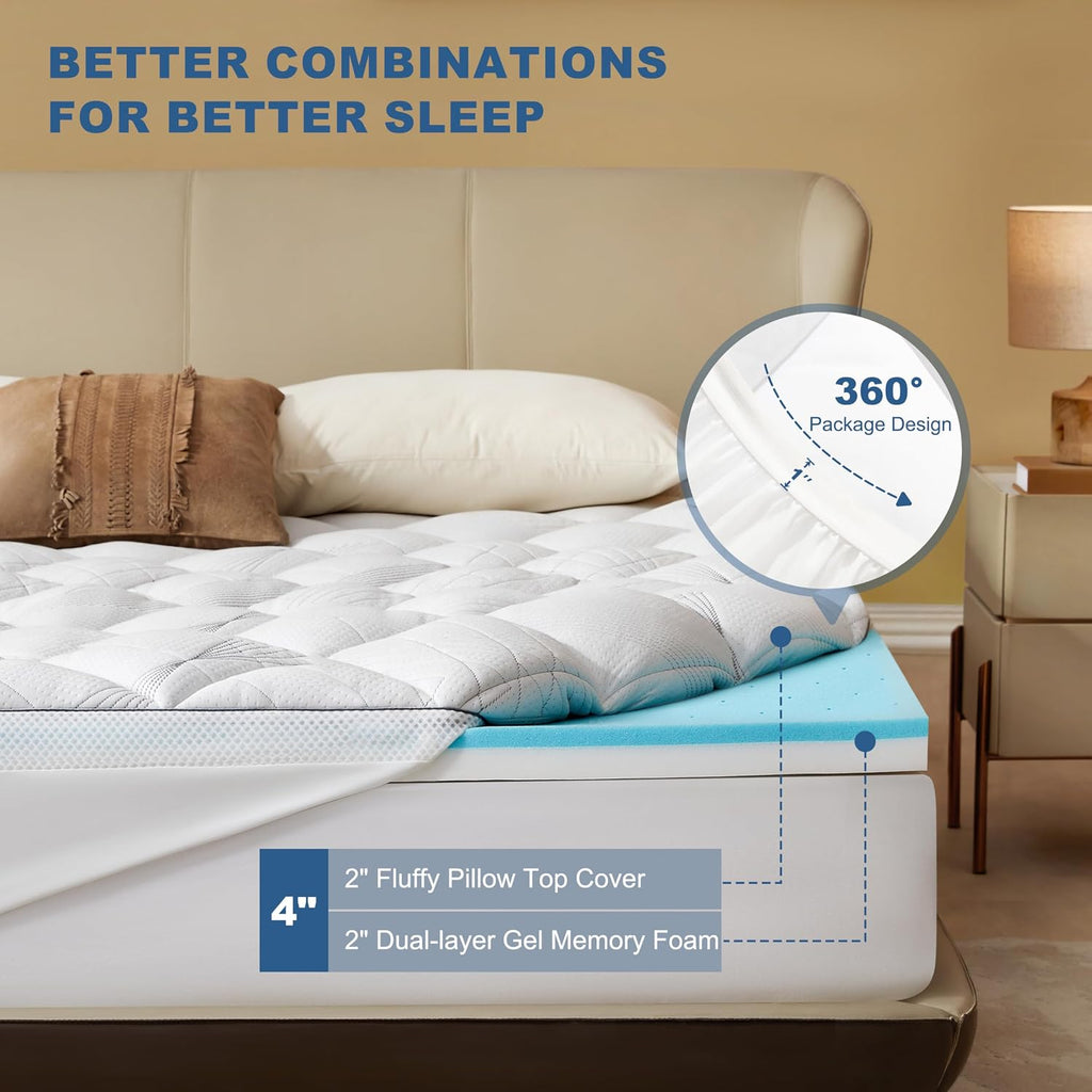 Full Mattress Topper Dual Layer 4-Inch Memory Foam Mattress Topper | Mattress Topper for Back Pain, Dual Layer Medium