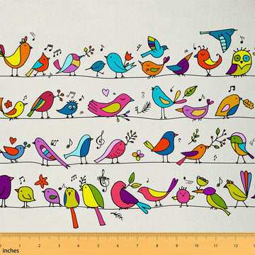Birds and Geometric Floral Multicolor Fabric, 3 Yards, 36" W x 106.2" L, Polyester/Cotton Blend, Waterproof, Machine
