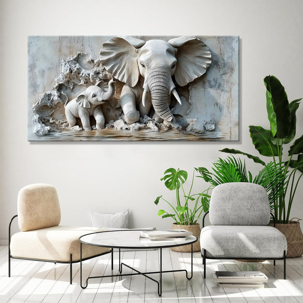 Warm Mother & Baby Elephant Texture Art Picture - Frameless Canvas Wall Art Painting, Family Room, Hallway - 40'' x