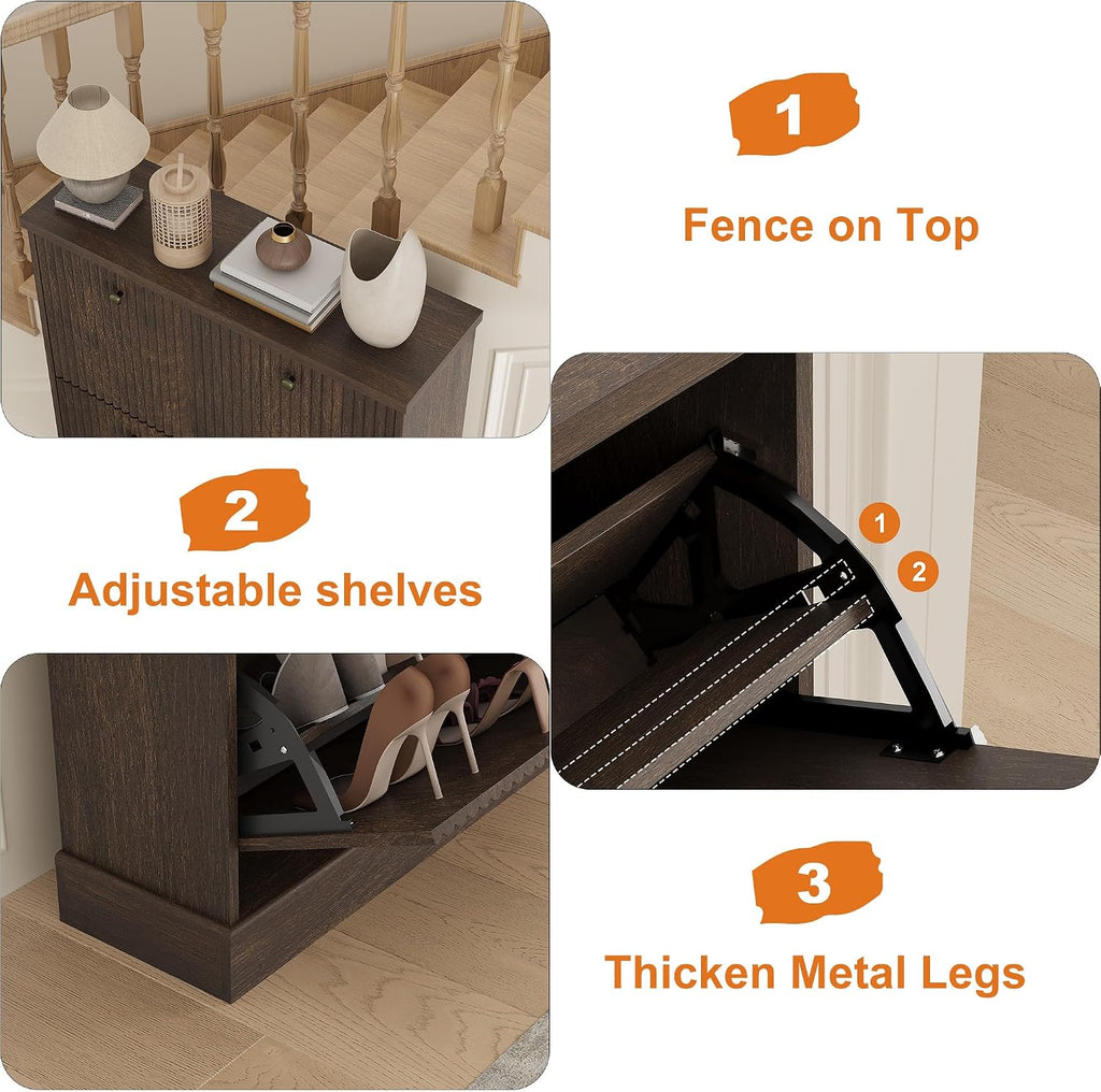 Fluted Shoe Cabinet Storage with 3 Flip Drawers, Wooden Fluted Narrow Shoe Organizer with Adjustable and Removable