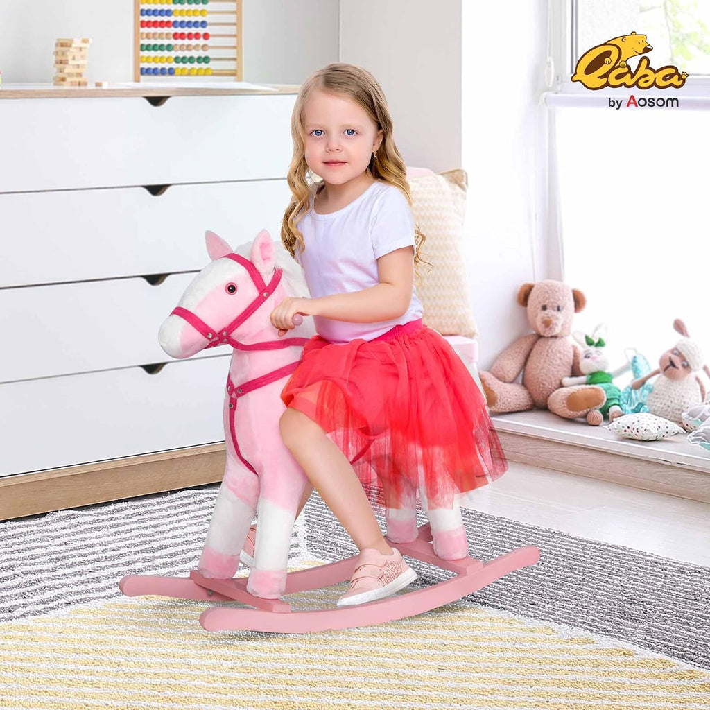 Kids Rocking Horse Plush Ride On Toy with Realistic Sounds, Pink