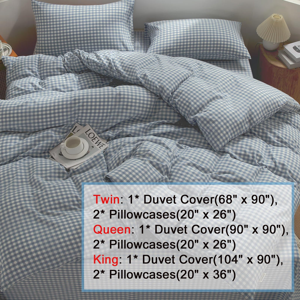 Blue Gingham Duvet Cover Set, 100% Washed Cotton Linen Like