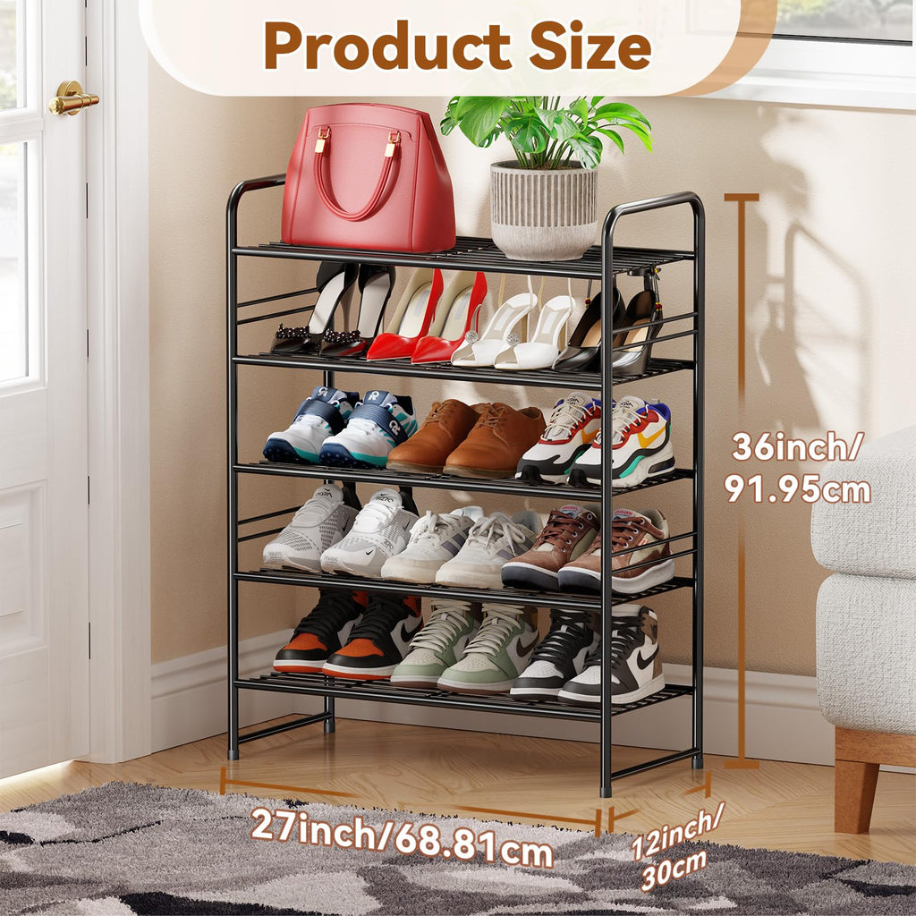 Heavy Duty 5 Tier Shoe Rack, 27 Inch Wide Closet Metal Shoe Storage Organizer Stackable, Black