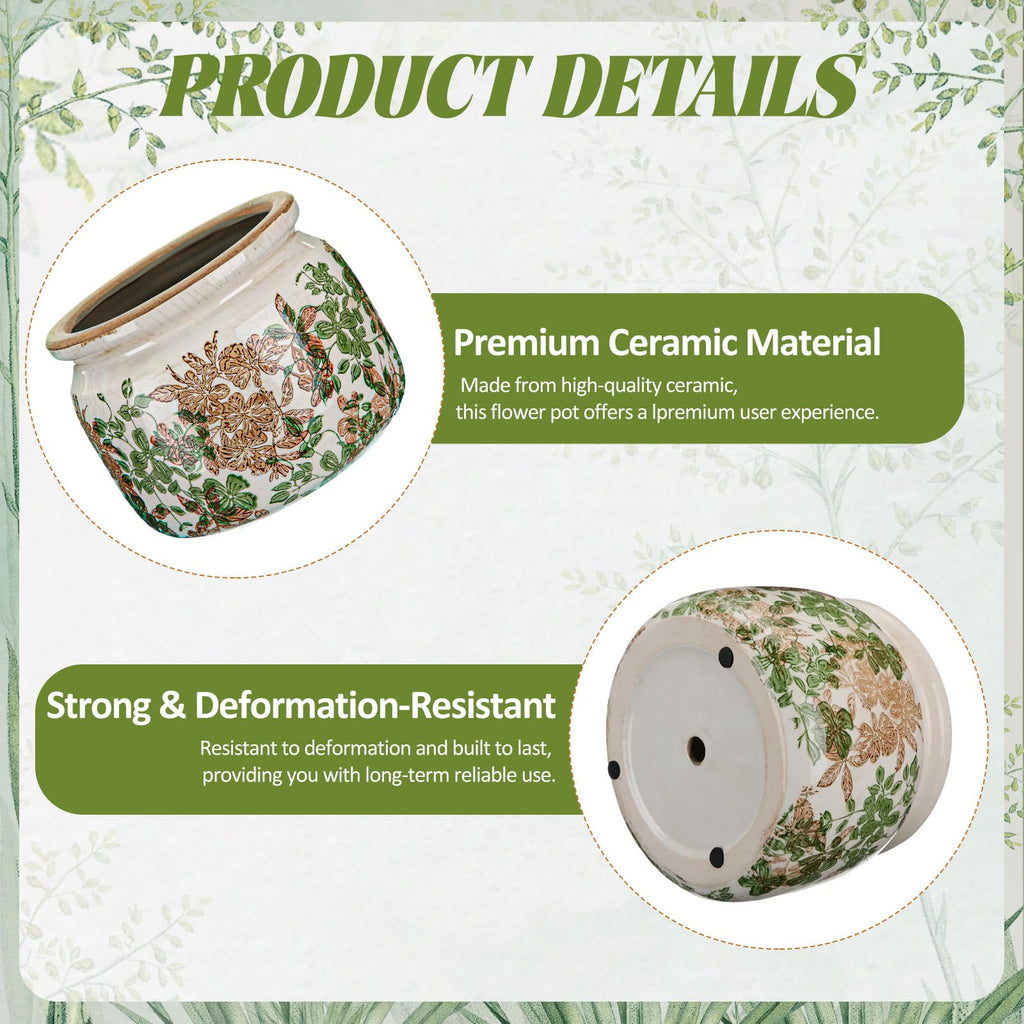 7.7" Large Ceramic Plant Pot Pink Green Vintage Hibiscus Crackle Glaze Rustic Flowers Pot Decorative Planter with