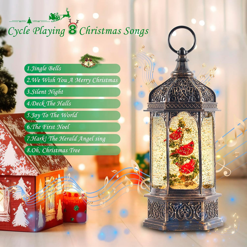 12.8" Lighted Musical Christmas Snow Globe Lantern with Three Red Cardinals in Tree, Swirling Glitter, Antique
