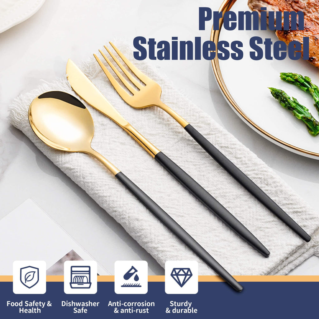 20 Piece Black Gold Silverware Set,Stainless Steel Flatware Cutlery Set Service for 4 Including Forks Spoons