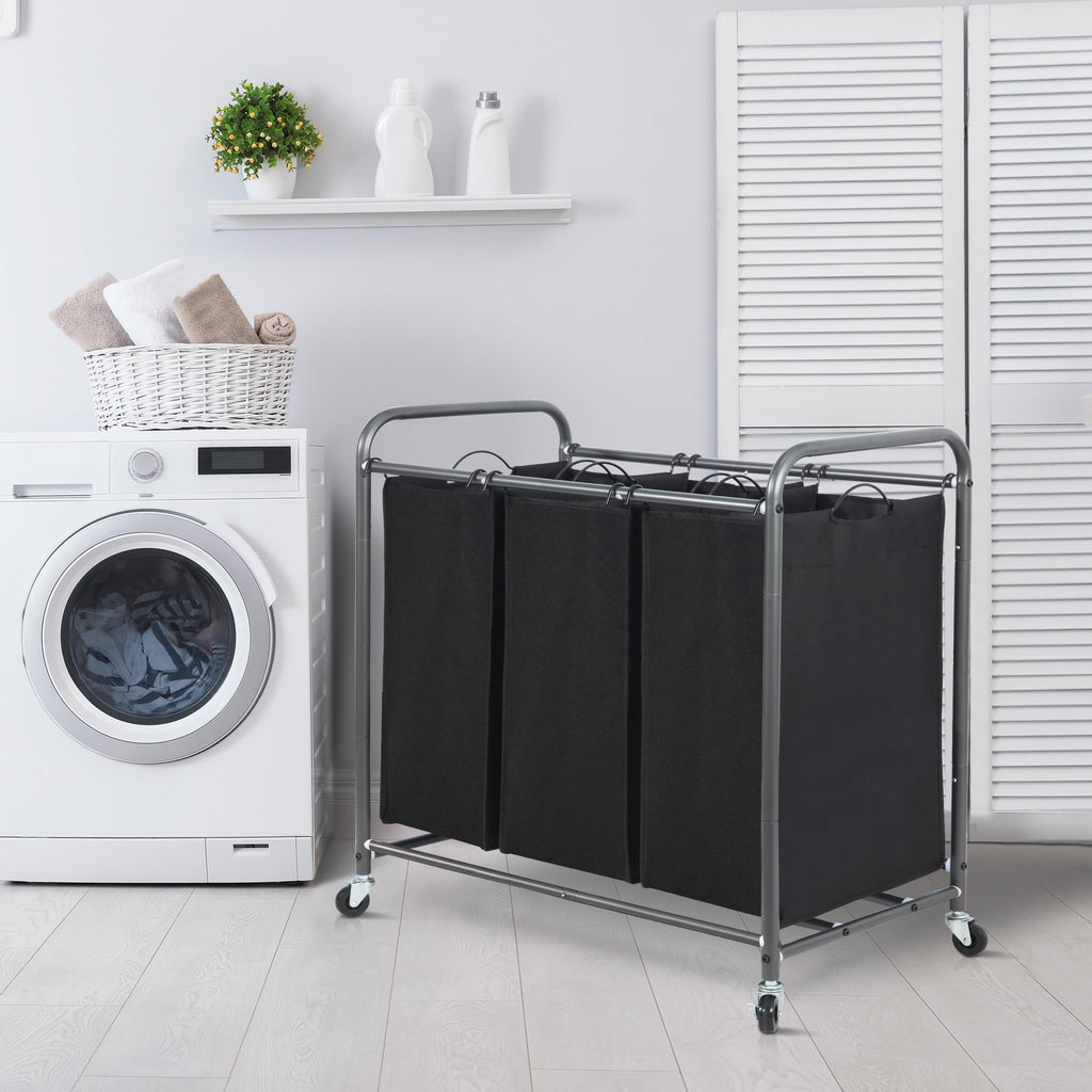 3 Section Laundry Sorter, Laundry Hamper with Wheels, Black